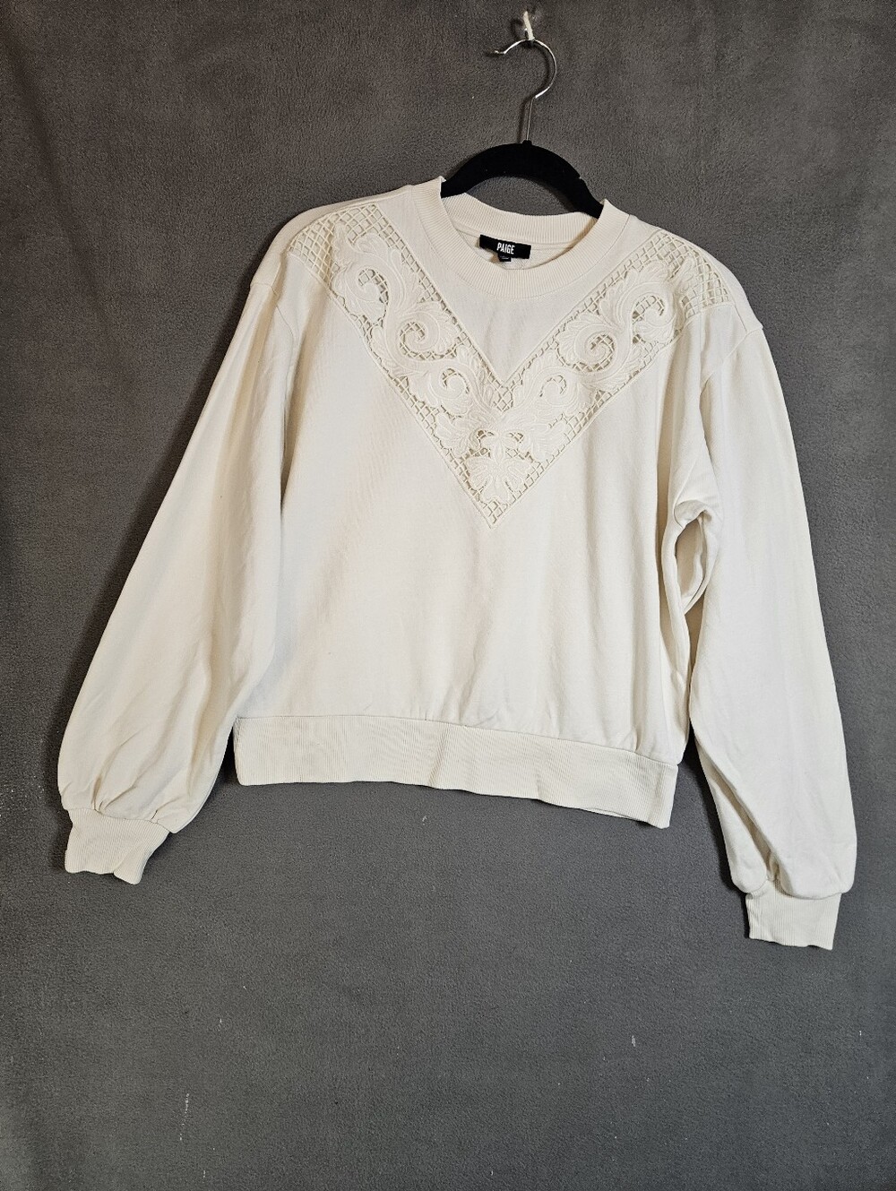 Paige Womens Small Sweatshirt Cream Crochet Crewneck Boho Cottagecore Pullover